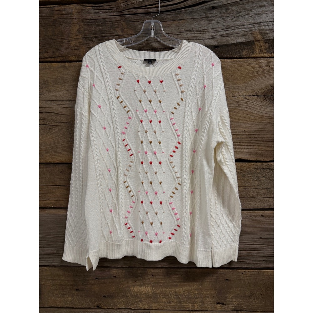 Talbots Ivory Cable Knit Heart Embroidered Sweater Womens Large Pink Red Cotton